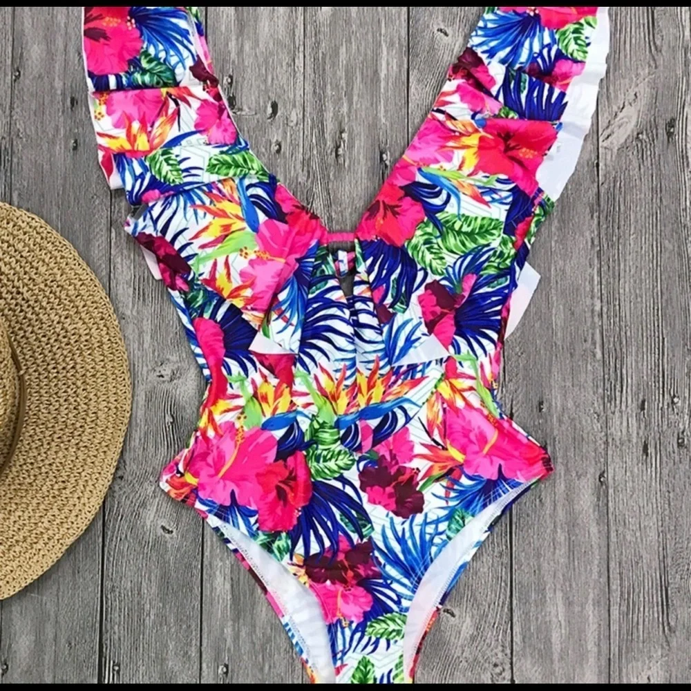Ruffle Shoulder Floral Print Monokini